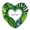Gouache heart with tropic leaves with white field to fill. Clipart for art work and weddind design