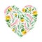 Gouache natural heart template with yellow flower, green leaves and red floral branches