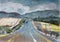 Gouache painting of highway in South Africa with mountains, fields and cars