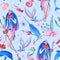 Gouache seamless fantasy underwater pattern with water nymph on blue background