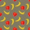 Gouache seamless pattern with fruits and berries bananas and strawberry on a pale brown background, vegetarian pattern for diet,