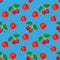 Gouache seamless pattern with fruits and berries cherry and strawberry on a light blue background,vegetarian pattern for diet,