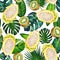 Gouache seamless pattern with tropic leaves and fruits. Pattern 1. Clipart for art work and weddind design