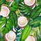 Gouache seamless summer tropical pattern with tropical leaves and coconuts