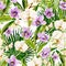 Gouache seamless tropical pattern with lilac and white orchids