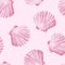 Gouache seamless uniform beach pearl pink seashells on pink background
