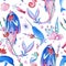Gouache seamless wonderful ocean pattern with water nymph. Hand-drawn clipart for art work and weddind design