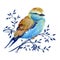 Gouache turquoise-beige bird on a branch. Natural cliparts for art work and wedding design