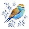 Gouache turquoise-beige bird with branches. Natural cliparts for art work and wedding design