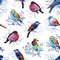 Gouahe seamless pattern with bright birds on branches