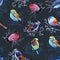 Gouahe seamless pattern with bright birds on branches on dark background