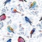 Gouahe seamless pattern with bright birds on branches with leaves