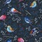 Gouahe seamless pattern with bright birds on branches with leaves on dark background