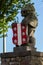 Gouda, South-Holland/The Netherlands - October 27 2018: Lion statue holding Gouda city emblem located at the Veerstal side view