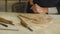 Gouge wood chisel carpenter tool working wooden background, wood handcraft
