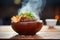 goulash bread bowl with visible steam, on a cold day background