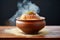 goulash bread bowl with visible steam, on a cold day background