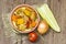 Goulash in ceramic bowl.