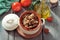 Goulash in a ceramic pot