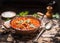 Goulash or stew in copper pan with spoon on rustic kitchen table over dark wooden background