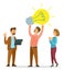 Goup of people or businessmen and huge light bulb. Concept for business ideas, financial success