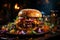 Gourmet affair, a delectable burger with crispy veggies on a posh plate