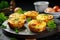 A gourmet breakfast dish: egg and vegetable muffin, filled with cheese and fresh parsley