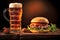 Gourmet Burger and Beer on Wooden Surface