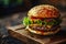 Gourmet Burger Delight: A classic-style hamburger with a sesame seed bun, meticulously layered with lettuce, cheese, a