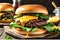 Gourmet Burger with Succulent Beef Patty: Top View Nestled atop a Toasted Brioche Bun, Vibrant Greens Adding Freshness