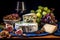 Gourmet cheese and grapes on wooden board with wine glass, gourmet snack and wine tasting concept