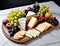 Gourmet cheese platter with an assortment of cheeses, crackers, and fresh fruits