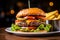 Gourmet cheeseburger with fries on a plate, set against a bokeh background.