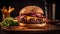 Gourmet cheeseburger on rustic table with fries generated by AI