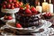 Gourmet Chocolate Cake Garnished with Fresh Strawberries: Strawberries Positioned on Top of Decadent Delight