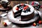 Gourmet Chocolate Cake: Top View Centerpiece on a Rustic Wooden Table, Fine Dusting of Powdered Sugar