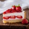 Gourmet delight Delectable strawberry cheesecake showcased on a wooden surface