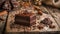 Gourmet dessert chocolate cake slice on rustic wooden table