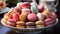 A gourmet dessert stack of macaroons, colorful and indulgent generated by AI