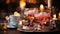 Gourmet dessert table chocolate, wine, candle, strawberries, elegance generated by AI