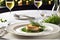 Gourmet Dish Elegantly Presented on a White Porcelain Plate - Chef\\\'s Special from a High-End Restaurant