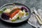 Gourmet dish. Smoked salmon with vegetables. Salmon dish for restaurant