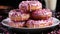 Gourmet donut, sweet snack, indulgence on pink plate generated by AI