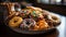 Gourmet donut on wooden table, tempting indulgence generated by AI