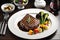 Gourmet Elegance from Above: Perfectly Seared Steak on a Plate with a Delicate Arrangement