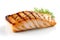 Gourmet food composition grilled and smoked striped bass on rustic wooden board, elegantly garnished with fresh lemon sl