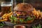 Gourmet galaxy-themed burger with cosmic beer and space fries on a rustic table