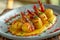 Gourmet Grilled Shrimp with Golden Seared Potatoes on Creamy Sauce Fine Dining Plate Presentation