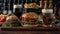 Gourmet hamburgers with fresh ingredients and craft beer on wooden board