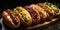 Gourmet Hot Dogs with Assorted Toppings on Wooden Board. Generative AI